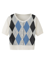 Bluse für Frauen Jewel Neck Kurzarm White Geometric Buttons Polyester T-Shirt