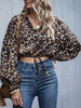 Bluse für Frauen Kaffee Braun Leopardenmuster Puffärmel Kordelzug Kapuze Polyester Baumwolle Crop Tops
