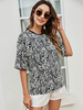 Bluse für Frauen Kurzarm Schwarz Leopardenmuster Übergroße Paspelierung Juwel Hals Neck Polyester T-Shirt