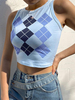 Bluse für Frauen ärmelloses blaues geometrisches unregelmäßiges Paspel-Juwelenhals-Polyester-lässiges T-Shirt