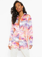 Bluse für Frauen Rosa Polyester Umlegekragen Stretch Casual Printed Buttons Long Sleeves Shirt