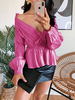 Bluse für Frauen Rose Layered Plissee Lace Up V-Ausschnitt Sexy Long Sleeves Polyester Tops