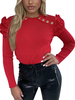Bluse für Frauen Rote Knöpfe Juwelenhals Lässig Langarm Baumwollmischung Tops