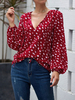 Bluse für Frauen Rote Polyester-Tupfen V-Ausschnitt Lässige Langarm-Oberteile