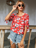 Bluse für Frauen Roter Blumendruck Schnür Juwelenhals Lässig Kurzarm Polyester Sommer T-Shirt