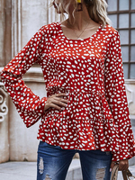 Bluse für Frauen Roter Juwelenhals Lässig bedruckte Plissee-Langarm-Oberteile