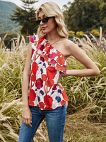 Bluse für Frauen Rotes Polyester One-Shoulder Casual Floral Printed Plissee Rüschen Ärmelloses übergroßes T-Shirt