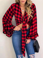 Bluse für Frauen Rotes Polyester V-Ausschnitt Langarm Plaid Pattern Casual T-Shirt