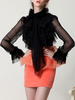 Bluse für Frauen schwarz Chiffon verziert Kragen geschichtet Retro Bögen mit langen Ärmeln Tops