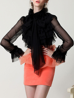 Bluse für Frauen schwarz Chiffon verziert Kragen geschichtet Retro Bögen mit langen Ärmeln Tops