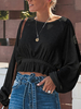 Bluse für Frauen Schwarz Plissee Jewel Neck Lässig Langarm Polyester Baumwolle Crop Tops