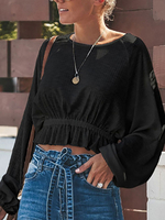 Bluse für Frauen Schwarz Plissee Jewel Neck Lässig Langarm Polyester Baumwolle Crop Tops