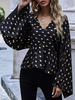 Bluse für Frauen Schwarz Polka Dot V-Ausschnitt Lässig Langarm Chiffon Fledermaus Ärmel Tops