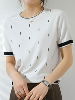 Bluse für Frauen Schwarz Polyester Jewel Neck Casual Polka Dot Kurzarm Tops