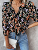 Bluse für Frauen Schwarz Polyester V-Ausschnitt Bohemian Blumendruck Lange Ärmel Sommerhemd