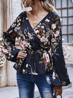 Bluse für Frauen Schwarz Polyester V-Ausschnitt Lässig bedruckte Rüschen Langarm Tops