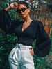 Bluse für Frauen Schwarz V-Ausschnitt Lässig Plissee Langarm Puffärmel Polyester Baumwolle Tops