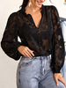 Bluse für Frauen Schwarzer Chiffon V-Ausschnitt Sheer Casual Lace Langarm Casual Shirts