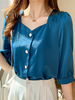 Bluse für Frauen Teal Polyester Square Neck Casual Halbarm Tops