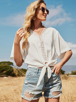 Bluse für Frauen Weiß geknoteter Ausschnitt Jewel Neck Casual Kurzarm Polyester Oversized T-Shirt