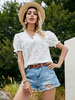 Bluse für Frauen Weiß Unregelmäßig ausgeschnittene Rüschen V-Ausschnitt Lässig Kurzarm Polyester Sommer T-Shirt