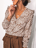 Bluse für Frauen Weißer Leopardenmuster V-Ausschnitt Lässig Langarm Polyester Sommerhemd