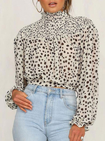 Bluse für Frauen Weißer Polyester-Juwelenhals Lässige Oberteile mit Leopardenmuster und langen Ärmeln