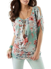 Bluse für Frauen White Jewel Neck Halbarm Bedruckt Plissee Lässig Unregelmäßige Ärmel Tops