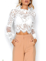 Bluse für Frauen White Sheer Lace Stehkragen Sexy Long Sleeves Lace Tops