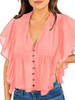 Bluse Frauen V-Ausschnitt Kurzarm Button Up Rüschen Sommer Tops
