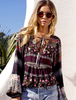 Bluse mit Sepiabraun Polyester-Baumwolle und V-Ausschnitt und Puffärmeln und Print überdimensional und Schnüren