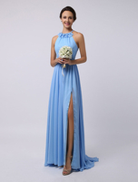 Bodenlang High-Split-Halter a-line drapiert Chiffon Brautjungfer Kleid