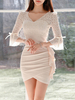 Bodycon Kleider Aprikose V-Ausschnitt Spitze geschichtet Sexy 3/4 Länge Ärmel Bleistiftkleid