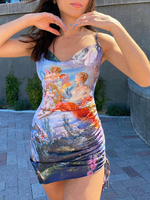Bodycon Kleider bedruckt graue Träger Hals plissiert rückenfrei sexy ärmelloses Bleistiftkleid