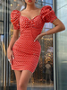 Bodycon Kleider Bedruckt Red Crewneck Plissee Backless Sexy Kurzarm Bleistiftkleid