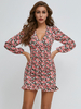 Bodycon Kleider Blacks Frauen Blumendruck mit langen Ärmeln Bohemian mit V-Ausschnitt Slim Fit Kleid