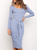 Bodycon Kleider Blau Lange Ärmel Schnüren Lässig V-Ausschnitt Midi Kleid Schärpe Etuikleid