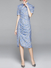 Bodycon Kleider Blaue Kurzarm Stehkragen Blumendruck Split Cut Out Sheath Dress