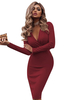 Bodycon-Kleider Burgunder V-Ausschnitt Lange Ärmel Knielange Sexy Bleistiftkleid