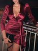 Bodycon Kleider Burgunder V-Ausschnitt Plissee geschichtet Sexy Langarm Bleistiftkleid
