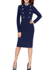 Bodycon Kleider Color Block Dark Navy Stehkragen Knöpfe Militär Retro Langarm Bleistiftkleid
