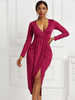 Bodycon Kleider Dunkelrot V-Ausschnitt Plissee High Low Design Lässig Langarm Bleistiftkleid