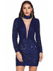 Bodycon Kleider für Damen Blaue Pailletten Langarm Sexy Bleistiftkleid