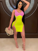 Bodycon Kleider Gelb Rosa Zweifarbiger Ärmelloser Reißverschluss Sexy U-Ausschnitt Rückenfreies Etuikleid
