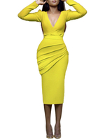 Bodycon Kleider Gelbe Langarm Plissee Sexy V-Ausschnitt Körperbewusstes Kleid Etuikleid