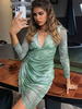 Bodycon Kleider Grau Grün Krawattenmuster Langarm Ärmel Plissee V-Ausschnitt Asymmetrisch Sexy Etuikleid