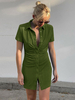 Bodycon Kleider Grüne Kurzarm Plissee Turndown Kragen Unregelmäßig Slim Fit Kleid Sexy Etuikleid
