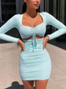Bodycon Kleider Hell Himmelblau Langarm Schnürausschnitt Sexy Square Neck Etuikleid