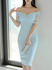 Bodycon Kleider Helles Himmelblau Bateau Neck Polyester Sexy Knielanges Bleistiftkleid