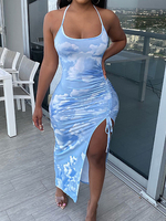 Bodycon Kleider Helles Himmelblau Blumendruck Ärmelloses Sexy U-Ausschnitt Slim Fit Kleid Etuikleid